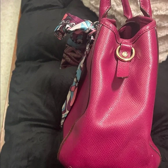 Coach Magenta Leather Satchel with Scarf Accent Key Holder CALLOUTS - Picture 6 of 16